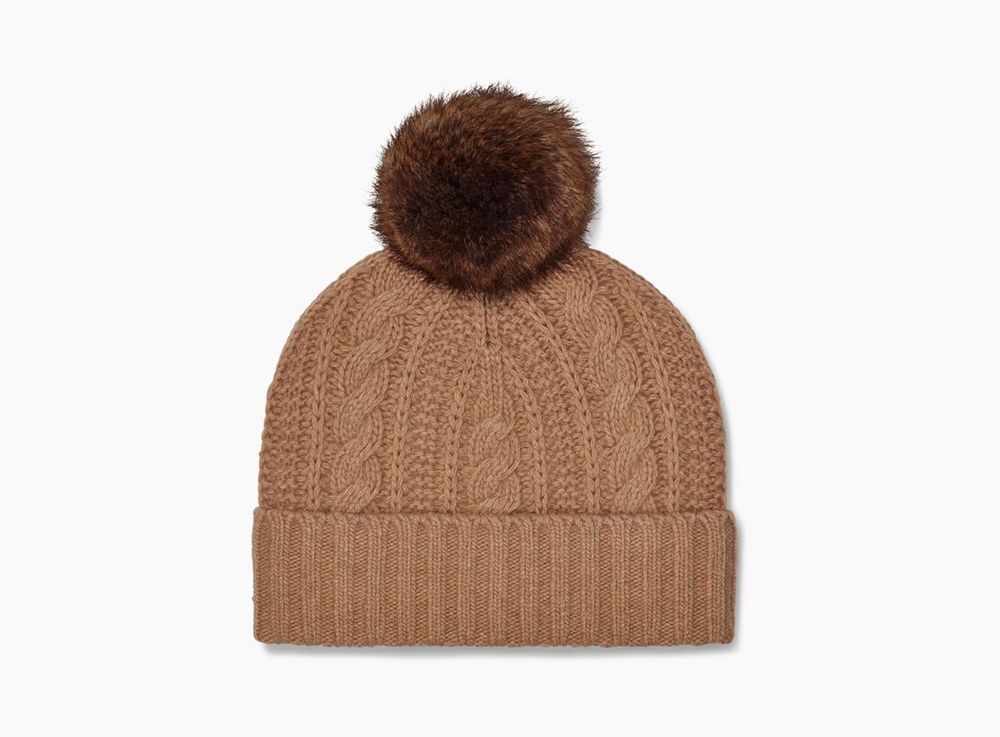 Ugg Kory Cable Knit Pom - Womens Beanies - Khaki - NZ (6529VRLOD)